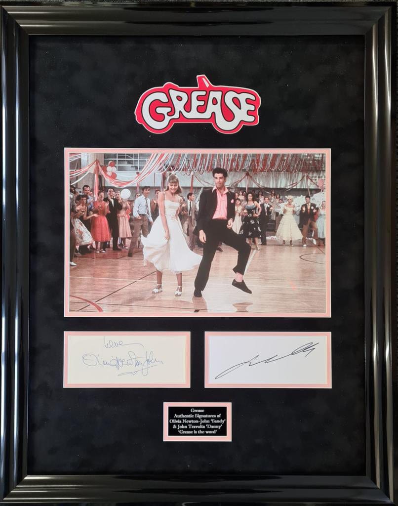 John Travolta & Olivia Newton John Signed Grease Display